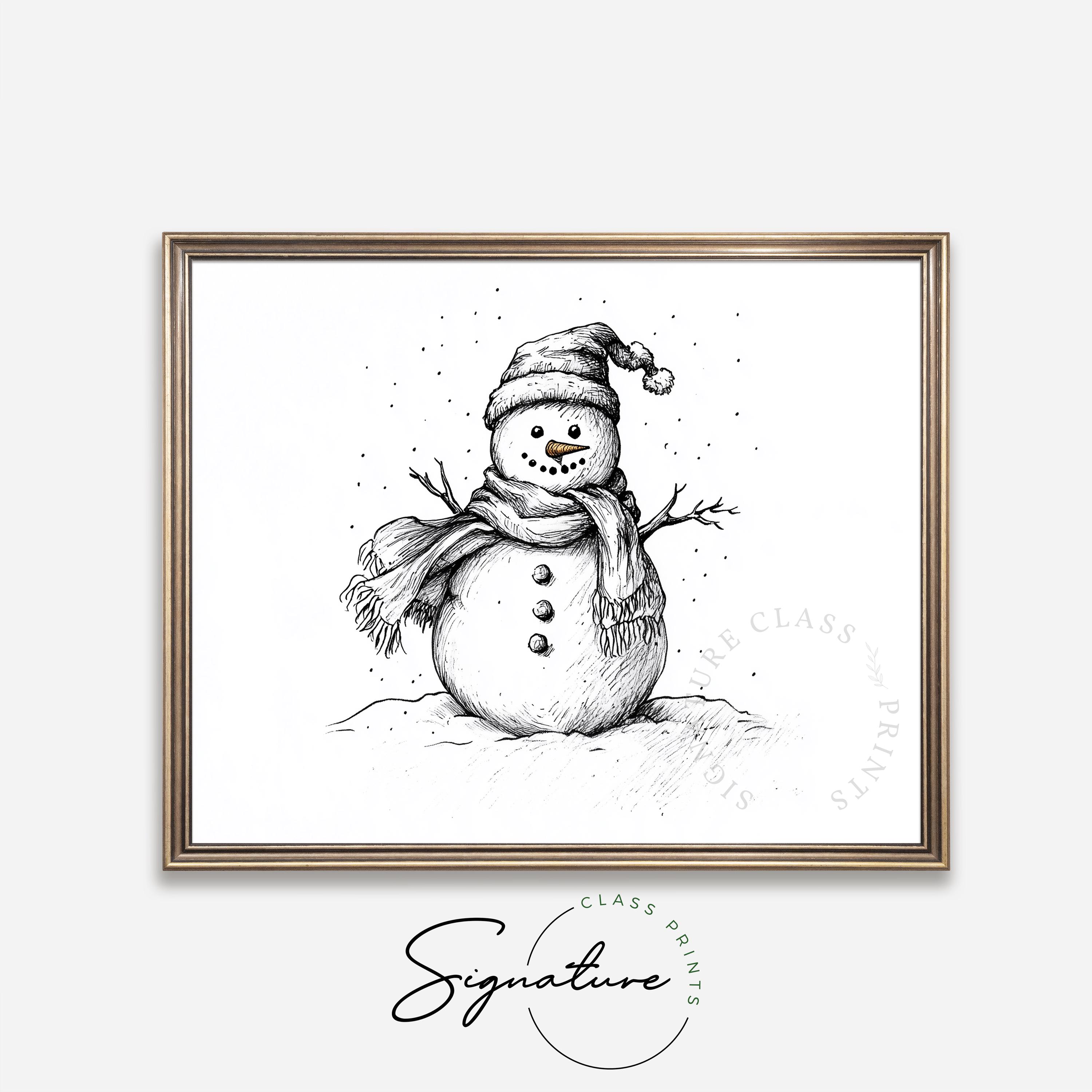 Cheerful Snowman Ink Drawing Printable - Black & White Christmas