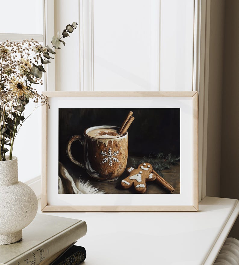 Gingerbread Latte and Cookie Painting - Rustic Christmas Kitchen Decor, Cozy Holiday Vibes, Cottagecore Printable Wall Art, Earthy Art 1644 image 2