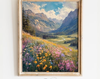 Alpental im Frühling, Kunst am Frühling, buntes Wildblumenfeld, Berglandschaft, Landschaft, buntes Poster | 733