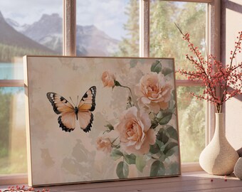 桃色の花を咲かせる羽ばたく蝶 ヴィンテージ昆虫プリントアート