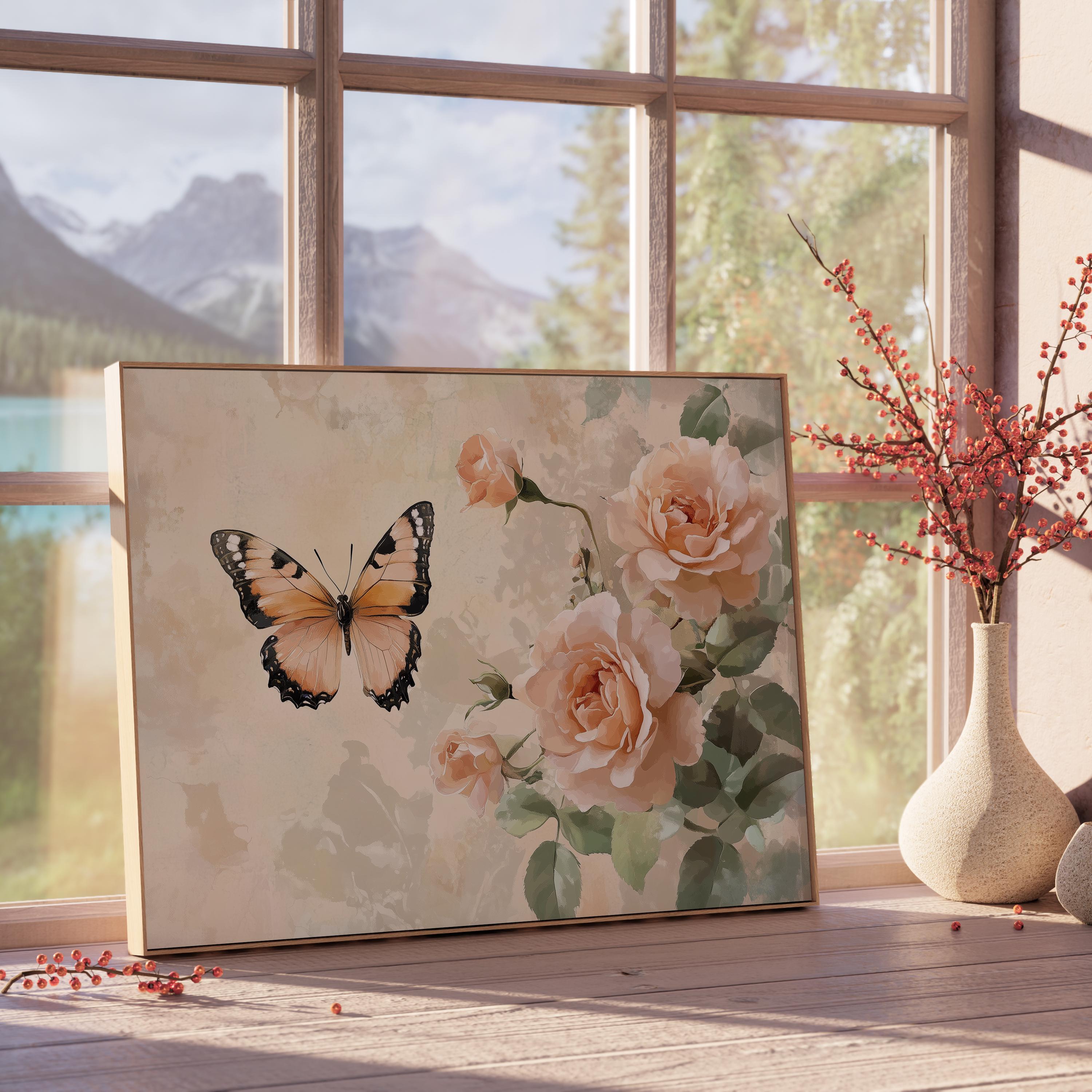 桃色の花を咲かせる羽ばたく蝶 ヴィンテージ昆虫プリントアート