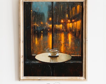May include: A painting of a rainy city street scene viewed from inside a cafe. A cup of coffee sits on a small table in the foreground, with a warm glow emanating from the streetlights outside.