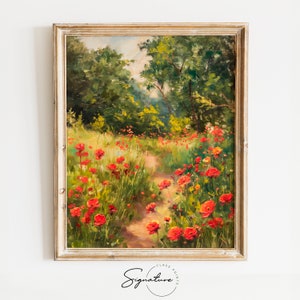 Printable Poppy Field Painting - Vivid Red Flowers in Bloom, Wildflower Meadow Art, Summer Nature Wall Decor, Rustic Field Landscape | 607