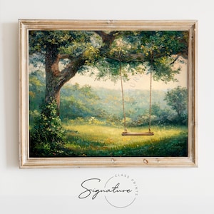 Puede incluir: Una pintura de un columpio de madera colgado de una rama de árbol en un bosque verde. El columpio está vacío y el bosque es tranquilo y sereno.