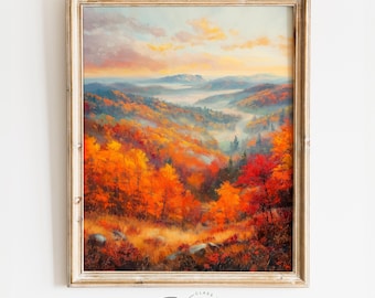 Afdrukbare herfst berglandschapsschilderkunst - vintage herfst kunst op heuvelhelling, warme aardse kleuren, rustiek muurdecor, digitale download 1247