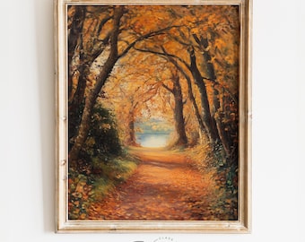 Sereen bospad in herfstkleuren, gezellige herfstwandeling, rustieke natuurscène, aardse cottagecore afdrukbare landschapskunst aan de muur decor 1538