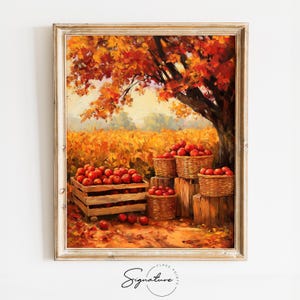 Apple Harvest Under Autumn Tree - Rustic Fall Farm Scene, Earthy Harvest Colors, Cottagecore Apple Orchard, Digital Wall Art Print 1699