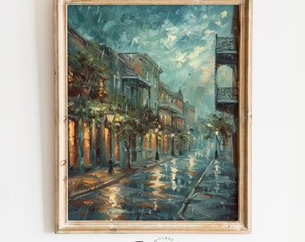 Rainy New Orleans Street Printable Wall Art, Evening Cityscape Scene, Romantic Urban Wall Art, French Quarter Scene, Large Home Decor | 224