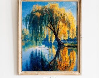 Printable Willow Tree Landscape Art - Rustic Nature Scene
