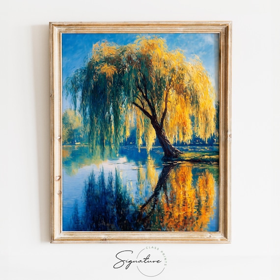 Printable Willow Tree Landscape Art - Rustic Nature Scene