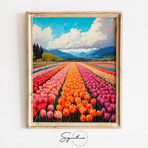 Champs de tulipes printaniers dans la vallée de la Skagit - Art floral dynamique du paysage, floraison de tulipes pittoresques, décoration murale printanière rustique, impression numérique 3981