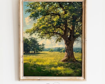 Druckbare Eiche Baum Gemälde - Baum auf grüne Wiese, rustikale Natur Landschaft Kunst, Sommer Wand Dekor, ruhige Schönheit | 629