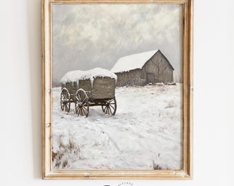 Vintage Winter Wagon Scene - Rustic Farmhouse Snowy Landscape Art, Neutral Moody Painting, Country Barn, Digital Download, Printable 4116