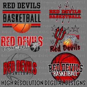 May include: A collection of basketball-themed digital designs featuring the text "Red Devils Basketball" in various styles. Designs include basketballs, a trident, and stars, all in red and black on a gray background.