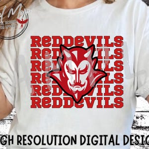 May include: White t-shirt with a red devil mascot graphic and the text "REDDEVILS" repeated multiple times.