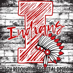 May include: Red and white graphic design of the letter "I" with the word "Indians" written in a white cursive font. A red and white headdress is on the right side of the letter.