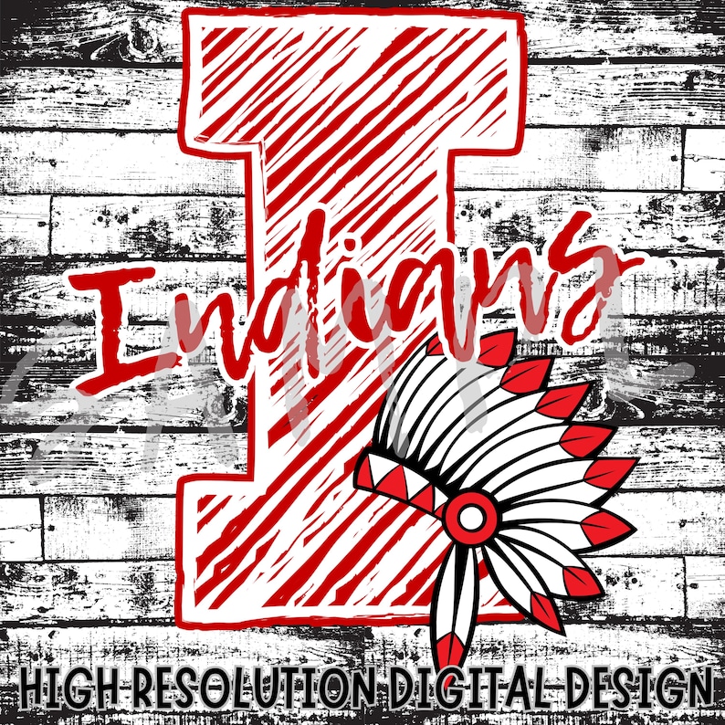 May include: Red and white graphic design of the letter "I" with the word "Indians" written in a white cursive font. A red and white headdress is on the right side of the letter.