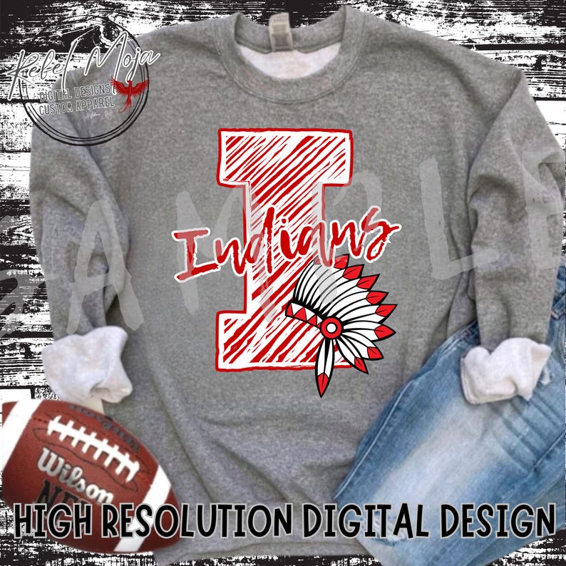 May include: A gray sweatshirt with a red and white graphic design of a capital letter I with the word "Indians" above it. A red and white headdress is partially visible behind the letter I.