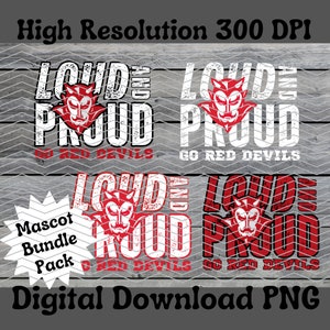 Puede incluir: Un paquete de descarga digital de cuatro diseños gráficos rojos y blancos con un logotipo de diablo rojo y el texto "Loud and Proud Go Red Devils".