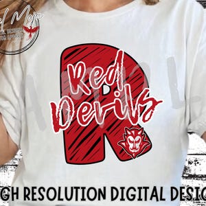 Op de afbeelding: Red Devils grafisch ontwerp met een rood-zwarte gestreepte letter R met de woorden "Red Devils" in witte tekst. Een rode duivel mascotte bevindt zich in de rechterbenedenhoek.