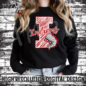 May include: Black sweatshirt with a red and white striped letter "I" and the word "Indians" in white text. A red and white headdress is to the right of the letter.