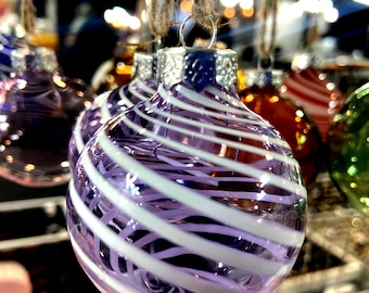 Christmas glass blown small ornaments purple swirl