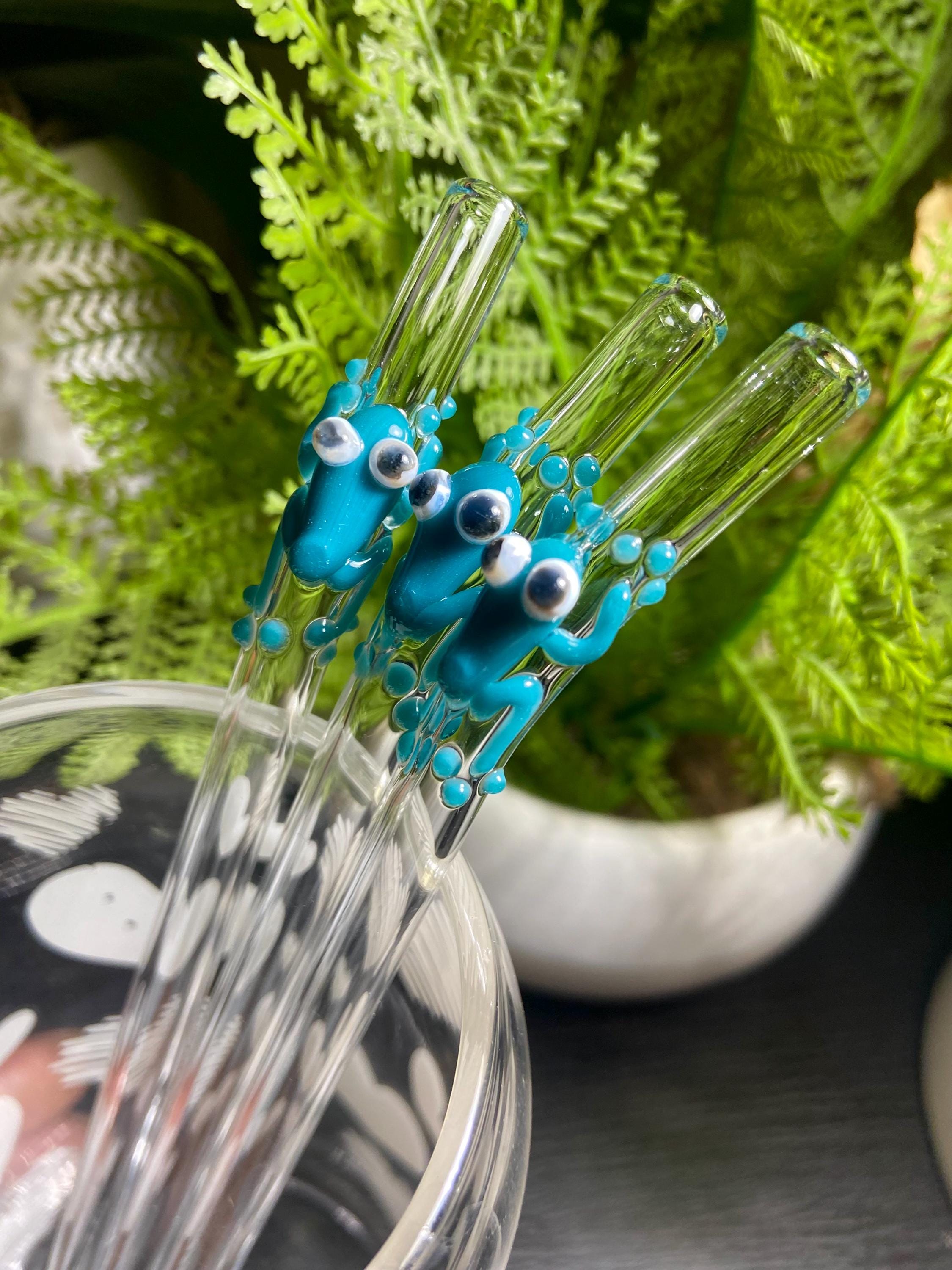 3pcs Frog Glass straws Agua azul