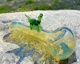 Dinosaur Pipe Tobacco Glass pipe silver fumed (Handmade)Green Dinosaur