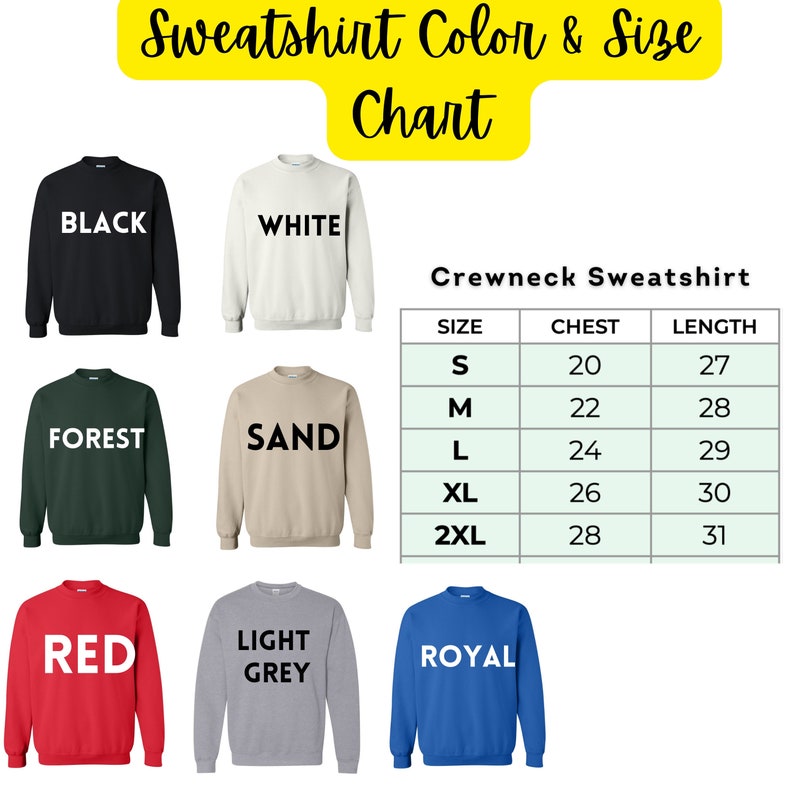 sweatshirt color and size chart