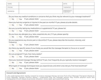 Massage Therapy Consent Form EDITABLE, Massage Consent Form, Massage Therapy Form, Massage Therapy Intake Form, Massage Therapy Digital Form