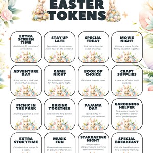 May include: Printable Easter tokens with bunny illustrations. Each token features a different activity or reward, such as extra screen time, stay up late, special treat, movie night, adventure day, game night, book of choice, craft supplies, picnic in the park, baking together, pajama day, gardening helper, extra storytime, music fun, stargazing night, and special breakfast.