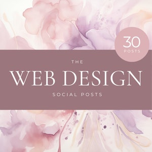 Pode incluir: Um modelo de post de mídia social para design de site com um fundo de aquarela em tons de rosa e roxo. O texto "THE WEB DESIGN SOCIAL POSTS" é exibido em branco sobre um fundo marrom claro. Um círculo com o texto "30 POSTS" está no canto superior direito.