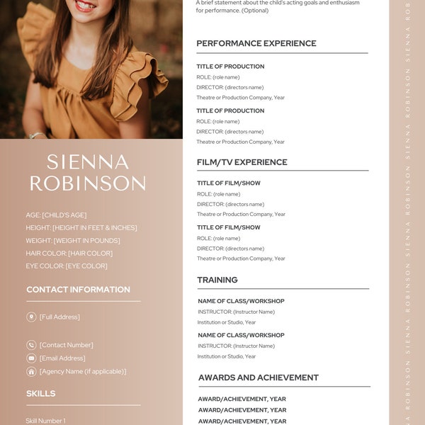 Child Actor Resume Template Canva, Editable Child Actor Resume, Theater Actor Resume Template, Editable Acting Resume Modern, Film Resume