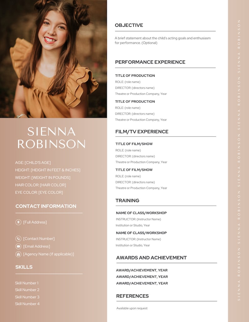 Actor Objective Child Actor Resume Template Canva, Editable Child Actor Resume, Theater ...