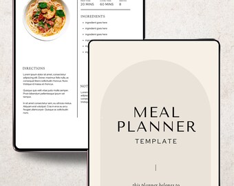 May include: A printable meal planner template with a beige background and black text. The text reads "Meal Planner Template" and "This planner belongs to YOUR NAME GOES HERE".