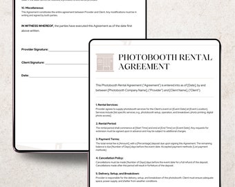 Puede incluir: Contrato de alquiler de cabina de fotos con una foto de una cabina de fotos. El contrato describe los términos de servicio, el período de alquiler, el pago, la política de cancelación, la entrega, la configuración, el desmontaje, el equipo, la responsabilidad y los daños.