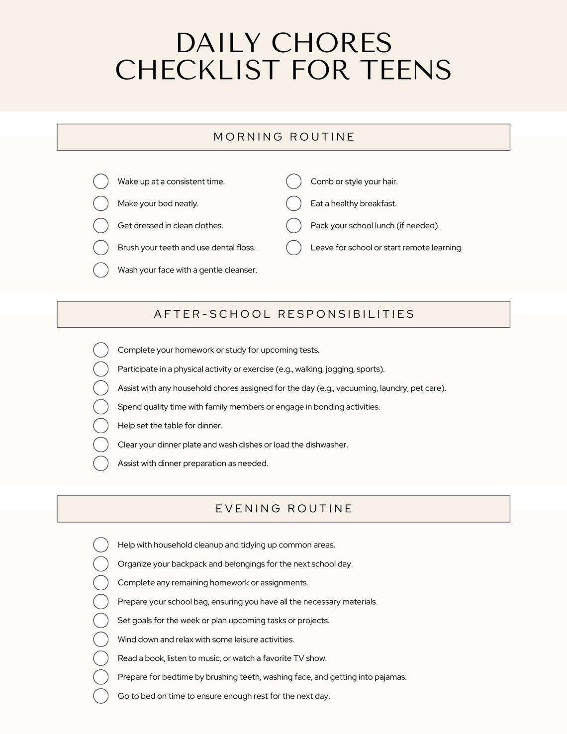Chore List for Teens Editable CANVA, Editable Daily Chores Checklist ...