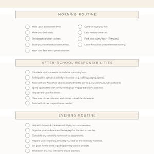 Puede incluir: Una lista de tareas diarias para adolescentes, dividida en rutinas de mañana, tarde y noche. La lista incluye tareas como despertarse a una hora constante, completar la tarea, ayudar con las tareas domésticas y prepararse para la cama.