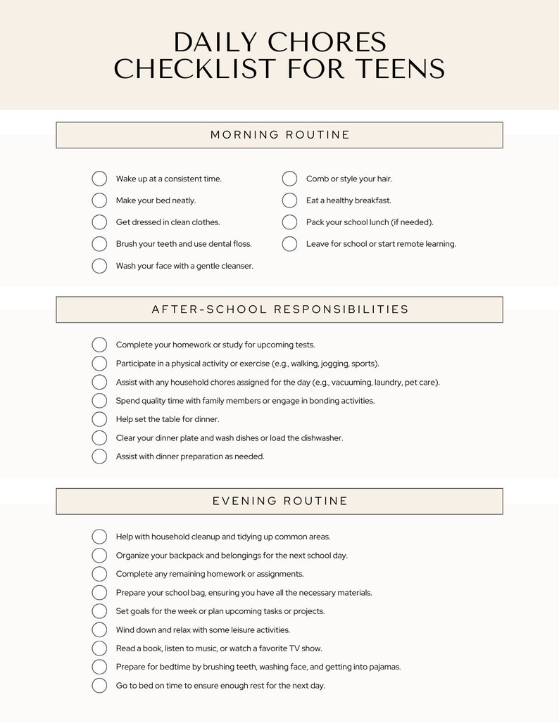 Chore List for Teens Editable CANVA, Editable Daily Chores Checklist ...