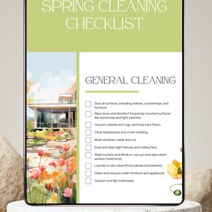 May include: A checklist for spring cleaning with a list of tasks to complete, including dusting, vacuuming, and cleaning windows. The checklist is on a white background with a green header that says "Spring Cleaning Checklist".