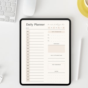May include: A white digital tablet with a daily planner app open. The app has a simple design with a time schedule, a section for top priorities, a reminder section, a space for daily affirmations, a section for tomorrow's tasks, and a notes section.