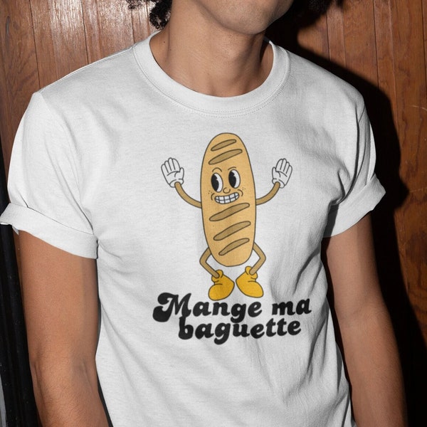 Funny 'Mange Ma Baguette' French, Double Entendre, Retro Style Graphic T-Shirt en Francais