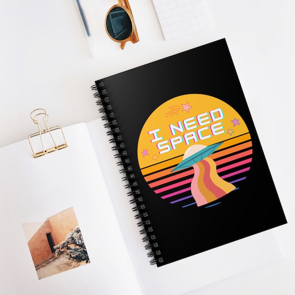 Funny I Need Space (Cosmic Boundaries) Sticker with UFO, Outer Space, Office or Teacher Gift Spiral Notebook - Ruled Line