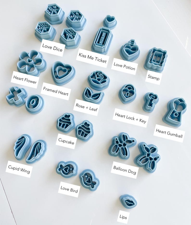 Valentines Day Cutters, Heart Cutters, Rose Cutters, Love Potion, Cupid, XO Letters, Unique, Cute, Polymer Clay