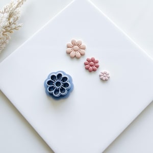 May include: Three flower-shaped cookie cutters in different sizes. The largest cutter is blue, the medium cutter is pink, and the smallest cutter is light pink.