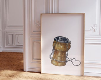 Champagne Cork Watercolor Painting: Vintage Luxe Kitchen Art (Multiple Size & Finish Options)