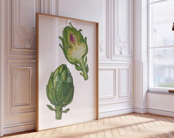 Artisjok-aquarelprint: botanische keukenkunst (meerdere formaten en afwerkingsopties)