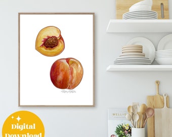 Peaches Watercolor Print: Fruit Poster Kitchen Art Digital File (Instant Download)