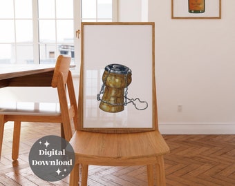 Champagne Cork Watercolor Painting: Vintage Drink Print Kitchen Decor Digital File (Instant Download)