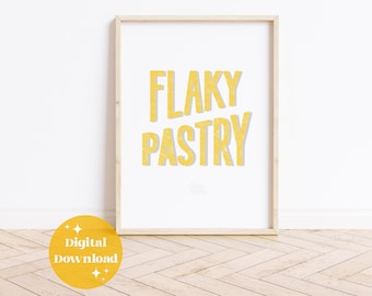 Flaky Pastry Letterpress Print: Retro Yellow Kitchen Bakery Art Digital File (Instant Download)